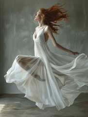 A beautiful woman in a flowing white summer dress with a deep neckline, captured in mid-air, embodying lightness and ease.