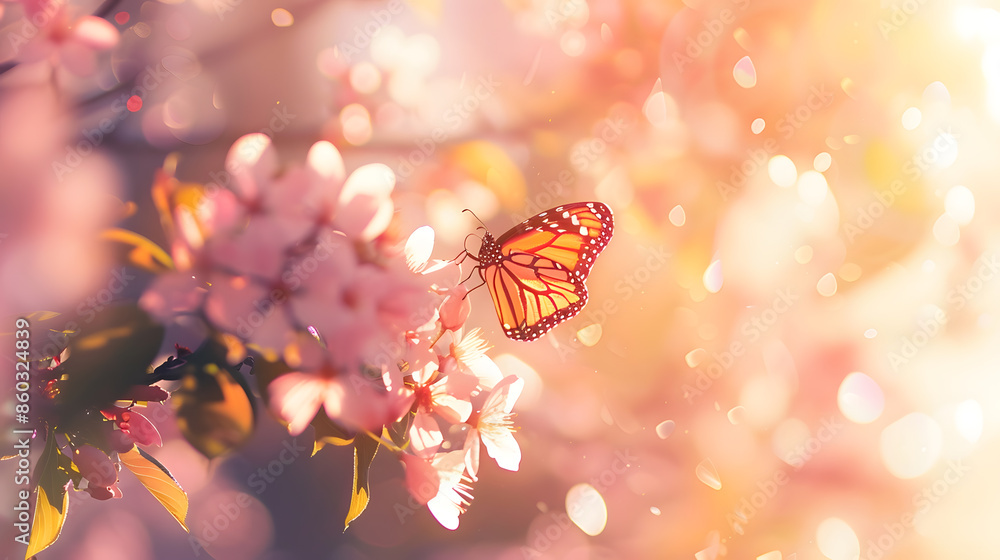 Poster spring background with pink blossom and fly butterfly beautiful nature scene with blooming tree and 