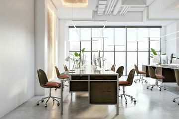 A modern office interior with desks, chairs, and computers, a minimalist style on a cityscape background, concept of a workplace. 3D Rendering