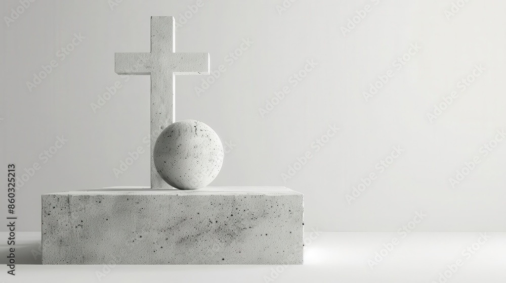 Poster minimalist 3d rendering of a stone cross and sphere on a clean white background