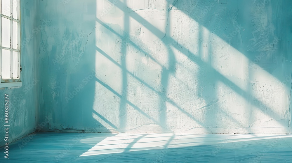 Poster minimalist abstract background soft blue shadows and light from windows on textured wall product pla