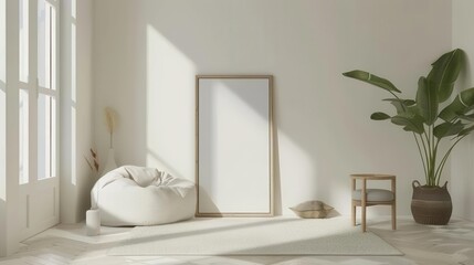 minimalist 3d interior with blank picture frame mockup in nomadic style room