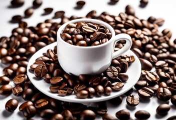 Fototapeta premium freshly roasted coffee beans steaming cup white background, aroma, drink, hot, beverage, morning, caffeine, dark, aromatic, brew, espresso, black, isolated