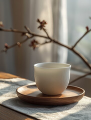 A ceramic teacup on a wooden saucer on a sunlit table.
