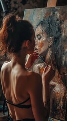 Obraz premium A naked woman against the background of a painting canvas. AI generative.