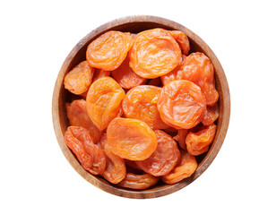 Bowl of dried apricots isolated on transparent background, top view