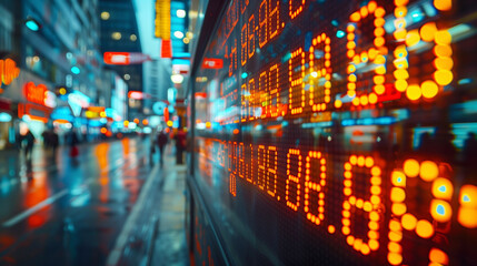 Obraz premium illuminated financial district with vibrant digital market displays and dynamic street reflections
