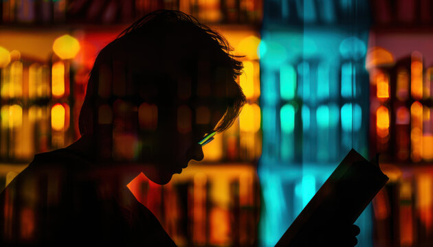 A person is reading a book in a library