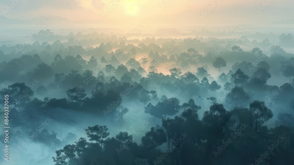 Wall mural misty morning landscape with fogcovered trees dreamy aerial view digital landscape painting - Wall murals