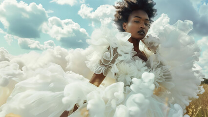 incredibly beautiful black woman in a white dress with tulle and ruffles, surrounded by white smoke clouds, standing on the grass with a cloudy sky, sureal photography in the style of fashion magazine