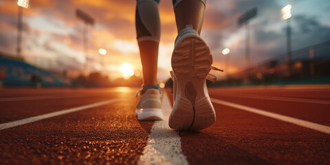 Close-up of running shoes as athletic runners train in a stadium at sunset, preparing for sports competitions and the Olympic Games.