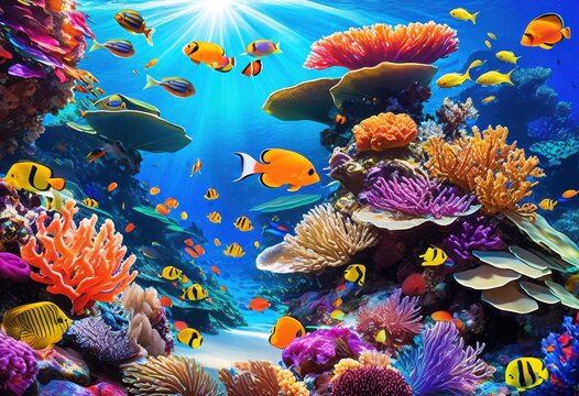 vibrant coral reef underwater landscape colorful marine life, colors, scene, sea, ocean, aquatic, ecosystem, biodiversity, tropical, fish, snorkeling, diving, seafloor,