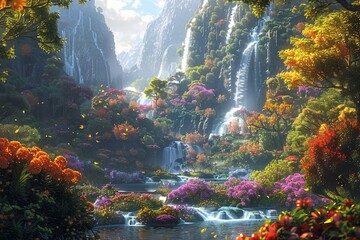 Beautiful Paradise Land with Flower and Waterfall created with Generative AI