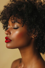 Fototapeta premium black woman with curly hair and red lipstick, isolated on a beige background, in the studio.Beauty advertisement, Skincare promotion, Fashion , Makeup campaign