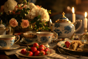 regency era tea party ,closeup still life with warm cozy vintage vibe