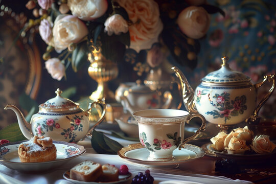 regency era tea party ,closeup still life with warm cozy vintage vibe