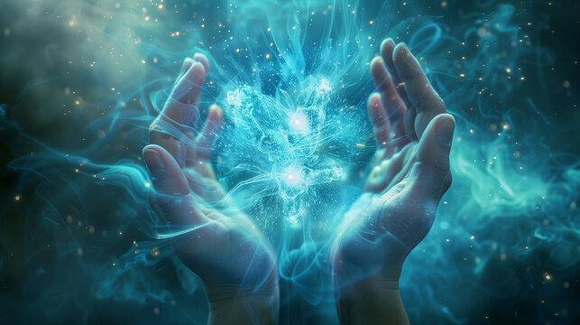 A hand is holding a blue orb in the air. Concept of wonder and mystery