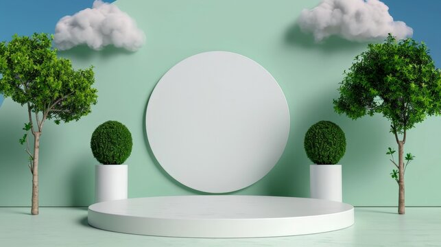 Modern Circular Display Podium with Green Trees and Clouds on Pastel Background