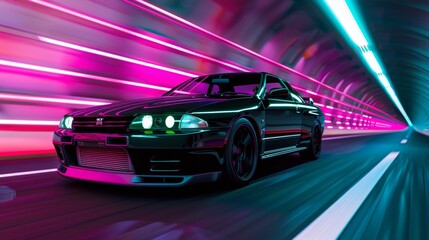 Obraz premium Futuristic Black Sports Car Speeding Through Neon Light Tunnel