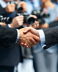 close-up of executives shaking hands during a high-profile corporate press conference with media coverage