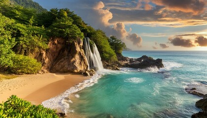 A beach with a tropical waterfall cascading into the ocean.