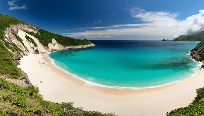 A beach with white sand and turquoise water.