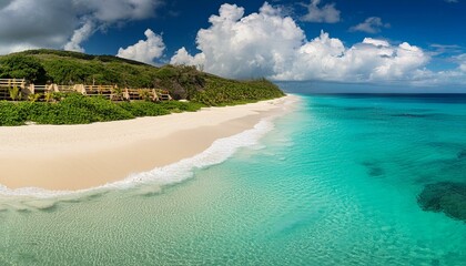 Obraz premium A beach with white sand and turquoise water.