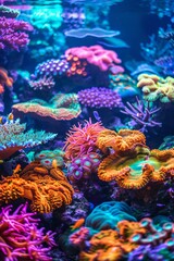 Obraz premium A coral reef scene with tips of corals glowing, representing the illumination and diversity of creative ecosystems.