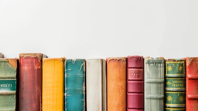 Vintage books arranged in a row against a plain white background. Classic leather-bound and colorful covers create a nostalgic and timeless feel. Ideal for study, education, and literary themes. AI