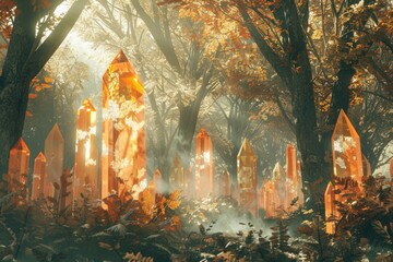 Obraz premium A forest of trees with crystals on the ground, symbolizing the crystallization of natural creativity.