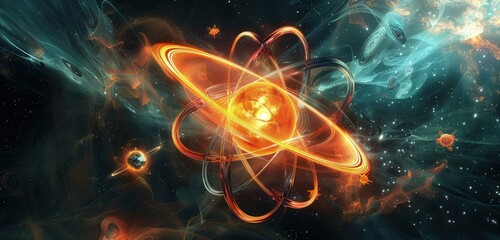 A visually stunning 3D rendering of an atom, with swirling electron orbits and a glowing nucleus, set against a dark, cosmic background representing atomic interactions.