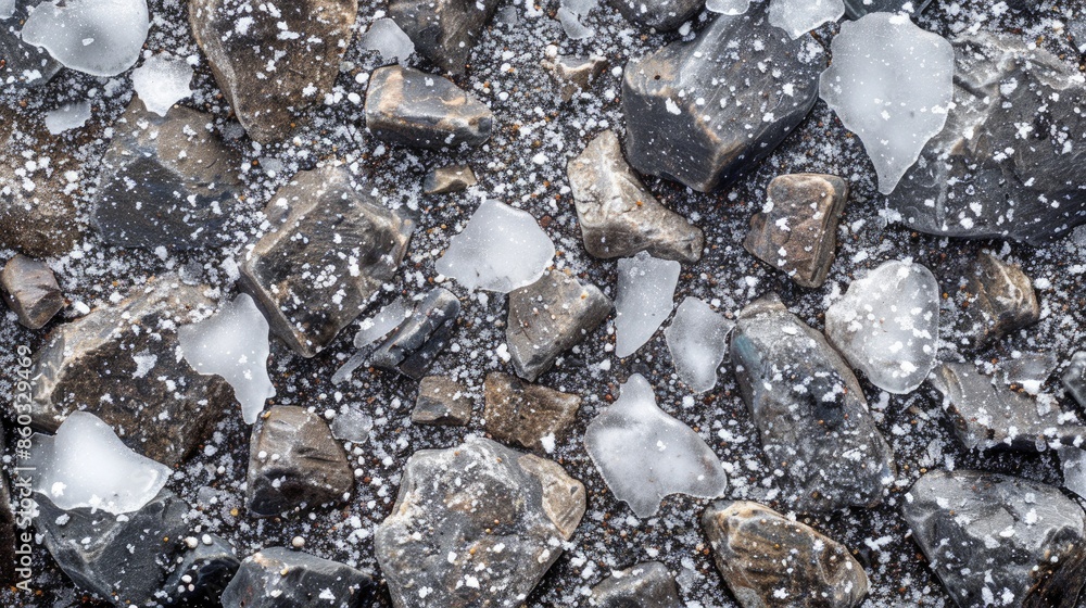 Poster abstract background of small stones and snow with ice creating texture and pattern with room for tex