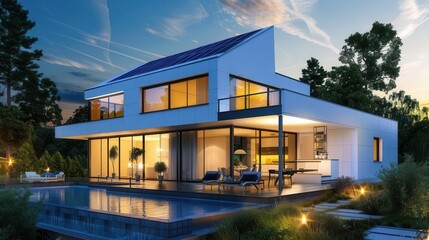 Fototapeta premium modern white villa with solar panels on roof beautiful night view sustainable luxury real estate 3d exterior rendering