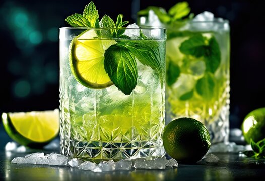 refreshing mint leaves lime citrus cocktail ice, drink, beverage, summer, alcohol, bar, recipe, alcoholic, mixed, mixer, shaker, muddled, glass, garnish