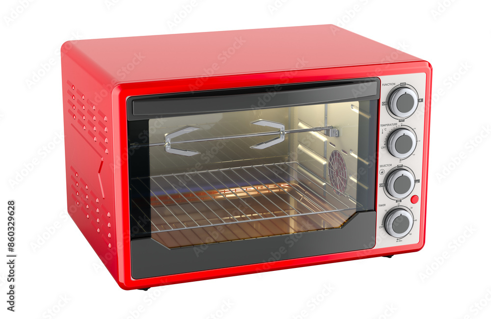 Poster red convection toaster oven with rotisserie and grill, 3d rendering isolated on transparent backgrou