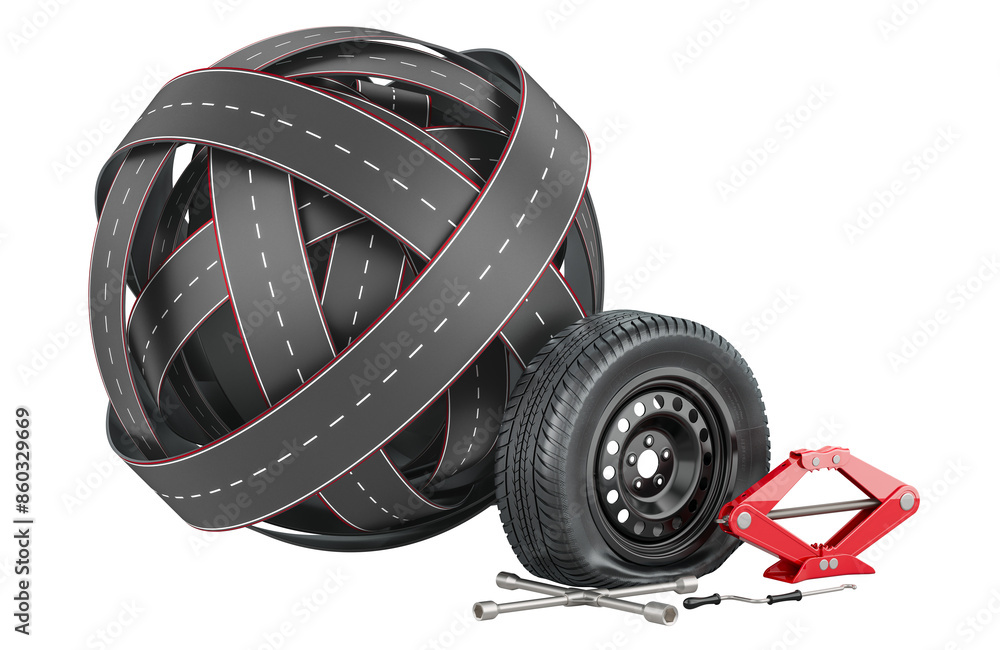 Aufkleber roads knot with puncture car wheel and screwjack. 3d rendering isolated on transparent background