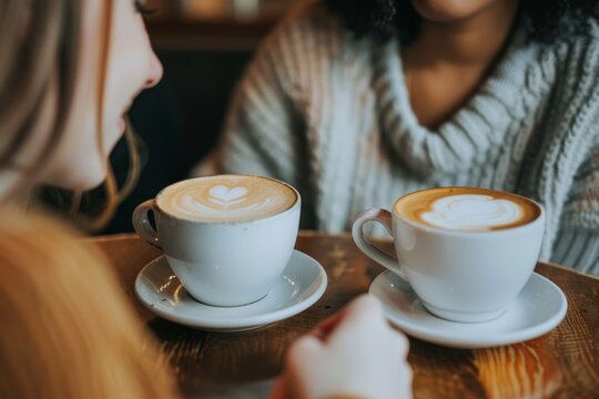 cappuccino cups closeup, two diverse female friends talking and having coffee at cafe