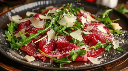 mouthwatering beef carpaccio with arugula and parmesan shavings gourmet italian cuisine closeup