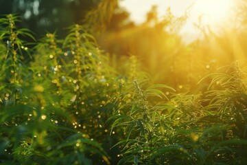 Fototapeta premium hemp farm at sunset, green plants ready for CBD oil extraction