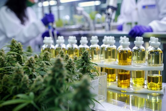 science behind CBD oil production, researchers or scientists in a laboratory setting, conducting experiments and studies related to cannabinoid  extraction and formulation