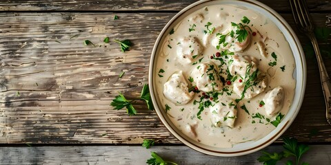 Chicken Fricassee with White Wine Cream Sauce Presented on a Wooden Table. Concept Food Photography, Chicken Recipes, Cooking Inspiration, Gourmet Cuisine, Culinary Art