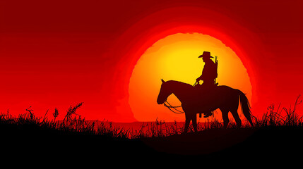 A captivating silhouette of a cowboy on horseback set against a breathtaking sunset sky