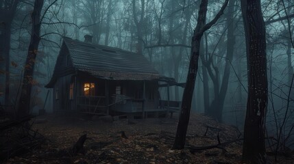 mysterious abandoned cabin in the woods spooky halloween scene