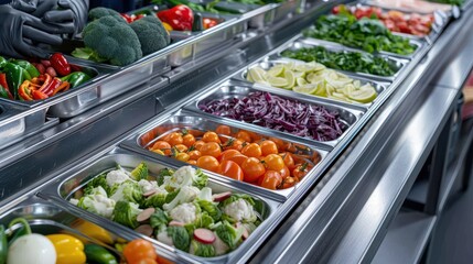Fresh and vibrant salad bar with a variety of vegetables in stainless steel containers, perfect for healthy eating and meal preparation.
