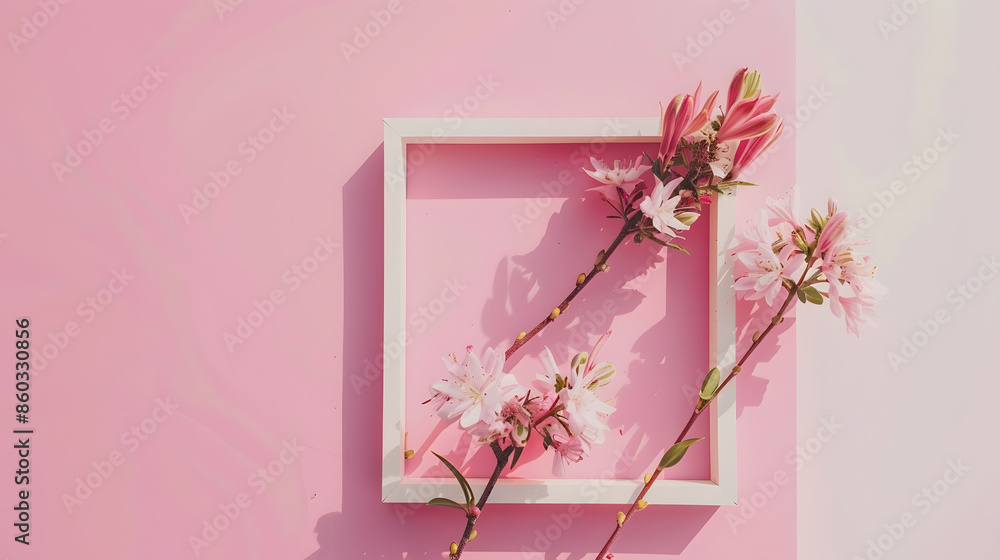 Aufkleber Creative layout made with flowers and white frame Spring minimal concept Nature background : Generative AI