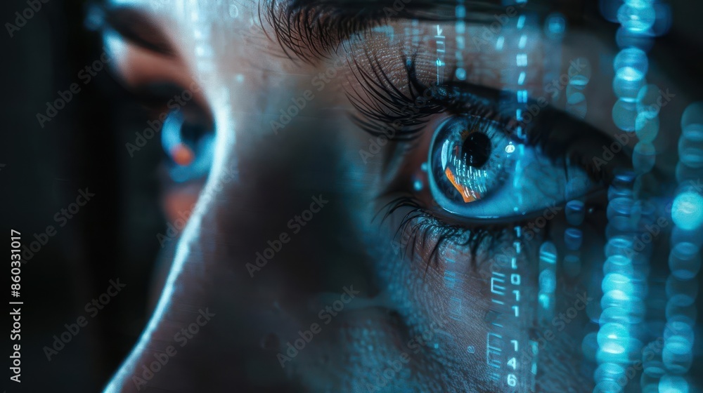 Aufkleber mysterious hackers eyes reflected in computer screen futuristic cyber security concept art