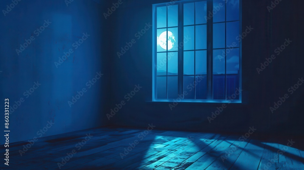 Aufkleber mysterious moonlit window casting shadows in empty dark room