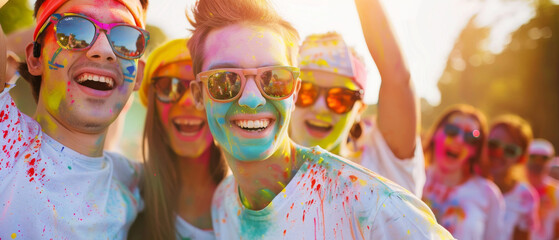 Friends, splashed with vibrant colors, smile and celebrate enthusiastically during an outdoor festival, embodying joy, friendship, and unity.