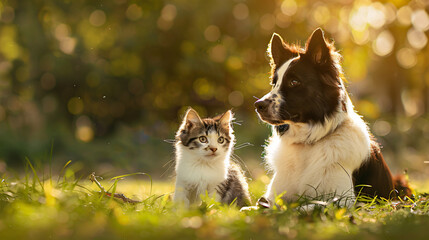 A cute couple of furry friends little cat and a little dog playing together in the garden on a beautiful sunny day