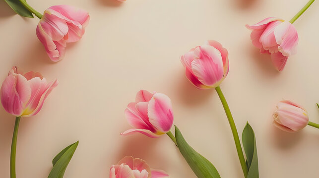 Peony tulips flower spring holiday flowery pastel background minimal flowery flat lay floral still life with pink blooming flowers on beige colored nature decor card postcard invitatio : Generative AI
